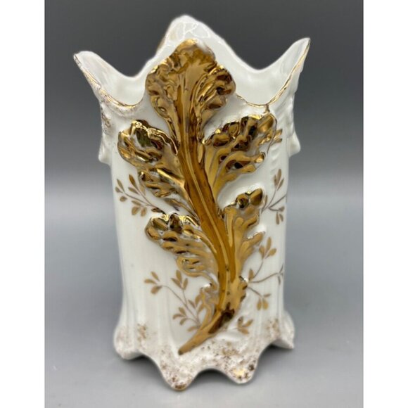 Antique White Porcelain Bud Vase Gold Tone Leaf Design Ornate Scalloped Edge - Picture 1 of 6